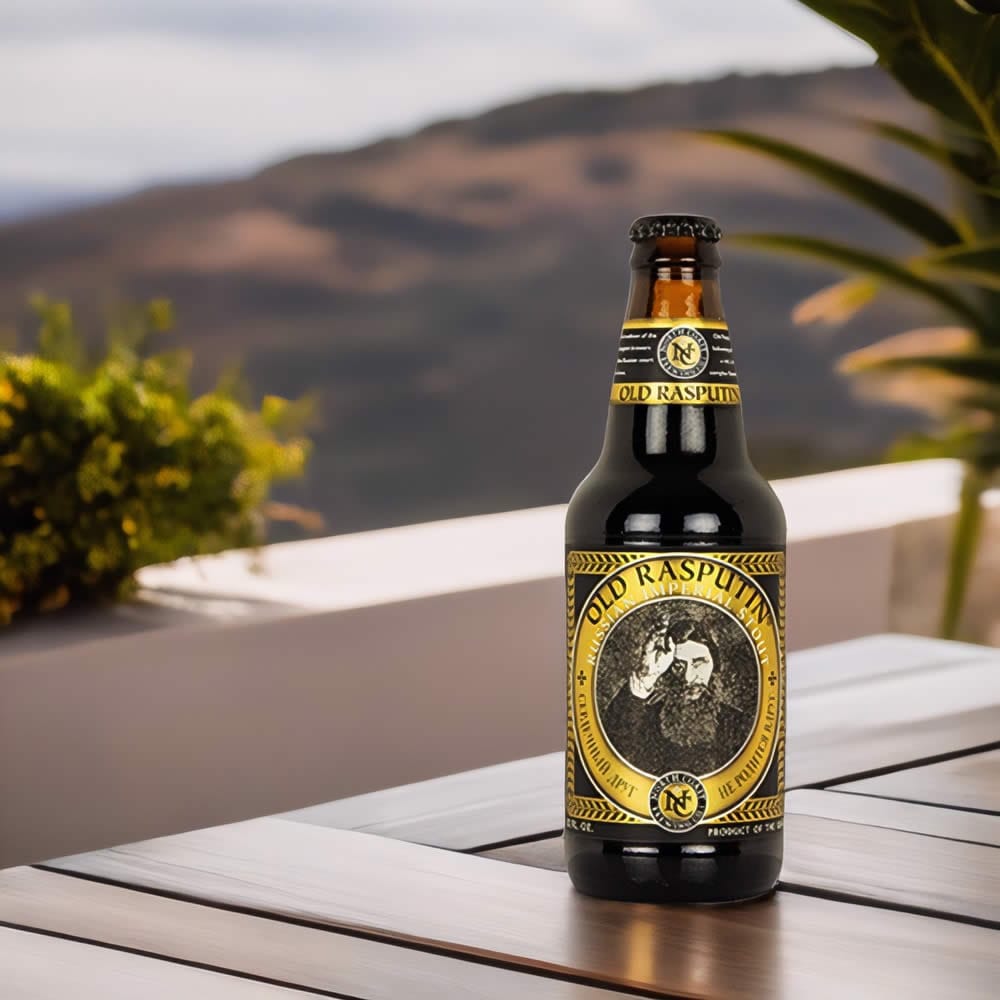 Cerveza North Coast Old Rasputin en mesa de exterior