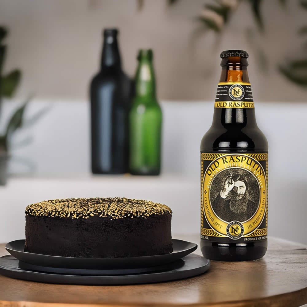 Cerveza North Coast Old Rasputin con pastel de chocolate